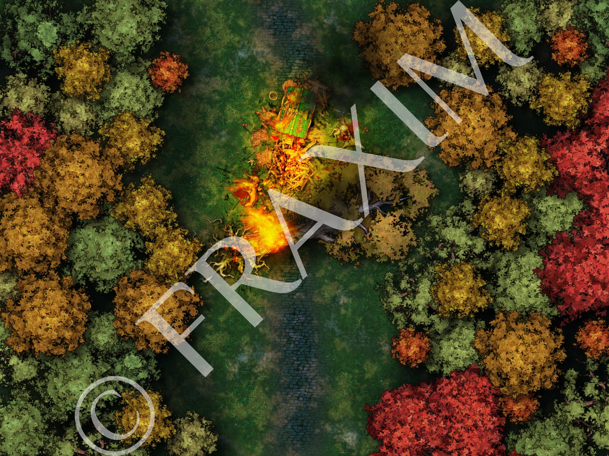 Burning Wagon & Autumn Forest Ambush | Fantasy VTT Battlemap Bundle